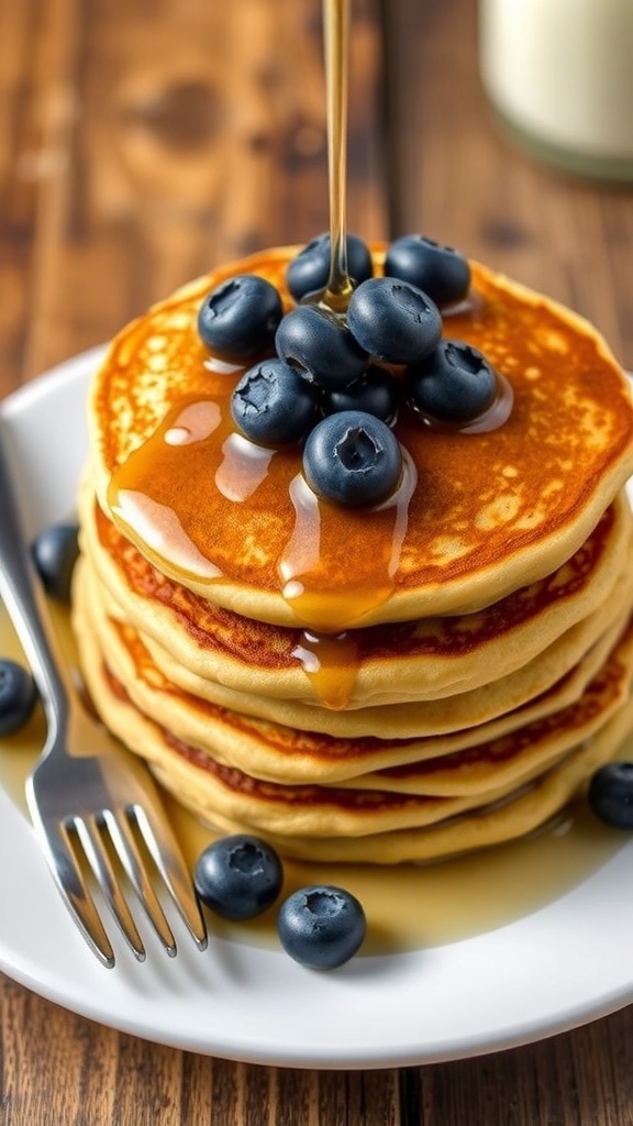 A stack of cornmeal pancakes with blueberries and syrup on a rustic wooden table.